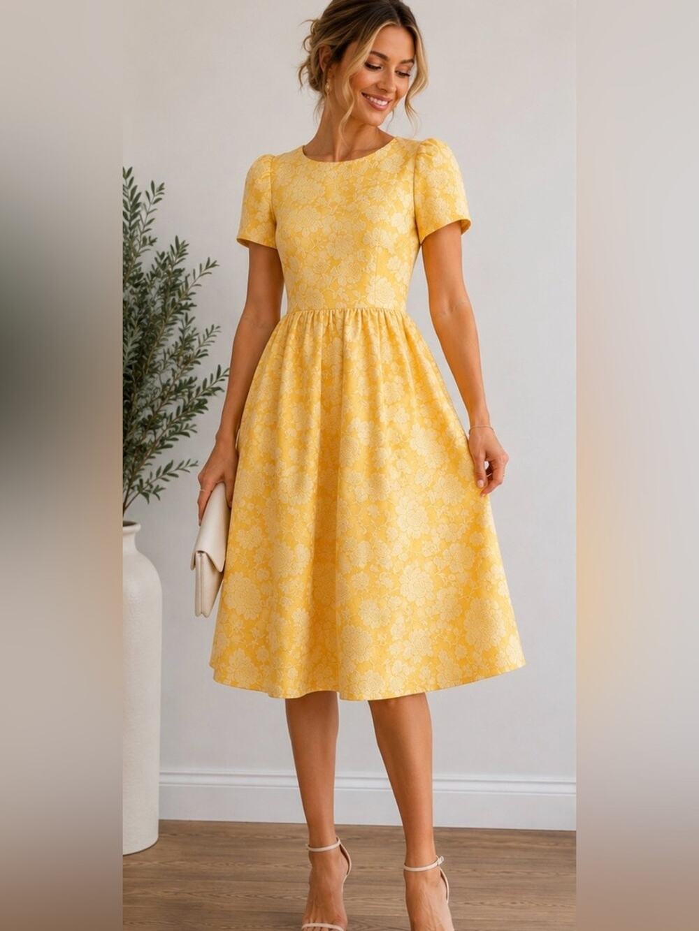 Rachel Parcell Yellow Floral Jacquard Dress XS Puff Sleeve Fit & Flare